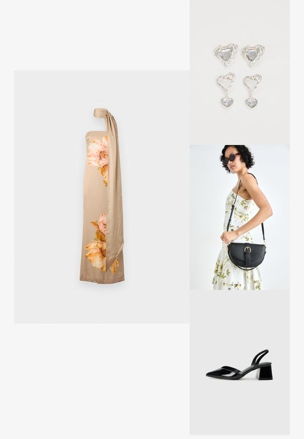 Vestido beige sin tirantes con un estampado floral lateral en rosa y naranja. Presenta un largo lazo a juego que se sujeta en la parte superior. Textura suave.; Zapatos de tacón slingback de charol negro con punta afilada y tacón geométrico en bloque. Presentan un diseño elegante y minimalista, así como una textura suave.; Bolso de piel negra con forma curva, correa desmontable y herrajes dorados. El bolso cuenta con una solapa con un detalle de hebilla.; Pendientes en forma de corazón plateados que presentan piedras claras facetadas, con un marco texturizado. El conjunto incluye estilos de perno y tipo gota.