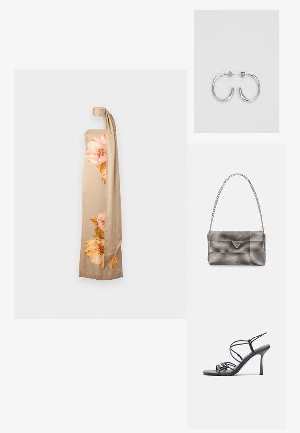Vestido bege sem alças com um estampado floral lateral em rosa e laranja. Apresenta uma longa faixa correspondente presa na parte superior. Textura suave.; As sandálias de salto alto pretas apresentam tiras finas com um design em nó, uma biqueira quadrada lisa e um elegante salto agulha.; Bolsa metálica cinza claro com uma alça de corrente, adornada com pequenos rebites metálicos circulares e um logótipo triangular da marca.; Brincos de argola prateados com um acabamento suave e brilhante. Forma arredondada, design leve, com fecho de pino.