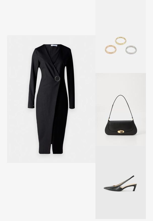 Čierne dlhé rukávy šaty s prekrížením, hlbokým V-výstrihom, šikmým dizajnom a obručovou kovovou ozdobou v oblasti pásu. Hladká textúra látky.; Čierne slingback topánky s ostrou špičkou a nízkym opätkom, vyrobené z hladkej kože a s výrezmi na boku pre lepšiu priedušnosť.; Čierna kožená kabelka s prehnutým dizajnom, zlatými kovovými detailmi a horným uchom. Má elegantné zatvorenie a hladký povrch.; Triumf kovových prsteňov: jeden v ružovom zlate, jeden zlatý s textúrovanými akcentmi a jeden strieborný, všetky s gravírovaným logom na vnútornej strane.