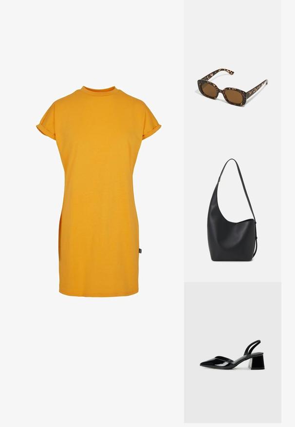 Geel t-shirtjurk met een hoge halslijn, korte opgerolde mouwen en een relaxte pasvorm. Zacht katoenen stof met zijsplitten voor gemakkelijke beweging.; Zwarte gepatineerde leren slingback hakken met een spitse neus en een geometrische blokhak. Kenmerkt zich door een slank, minimalistisch ontwerp en een gladde textuur.; Tortoiseshell zonnebril met een ronde, stevige montuur en bruine lenzen. Heeft subtiele patronen en rechte, taps toelopende veren.; Zwarte leren hobo tas met een gladde textuur, kromme vorm en een enkele verstelbare schouderband; heeft een brede opening aan de bovenkant.