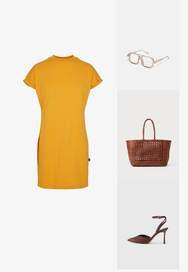 Gul t-shirt kjole med høj halsudskæring, korte opsmøgte ærmer og en afslappet pasform. Blødt bomuldsstof med sideskåner for nem bevægelse.; Brune satin højhælede sko med spids tå, åbne sider og en ankelrem med en guldbuckle. Slank stiletto-hæl.; Gennemsigtige hexagonale briller med lysebrune nuancer; tykke, klare rammer og slanke stænger; ingen synlige logoer eller mønstre.; Vævet brun tote taske med et åbent mønster, rektangulær form og to flettede håndtag. Har en solid bund for støtte.