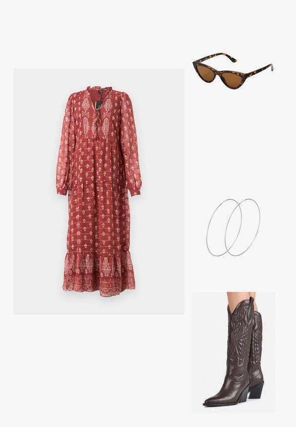 Abito lungo maxi rosso con motivo floreale, maniche lunghe, orlo arricciato, collo legato e tessuto testurizzato per un aspetto leggero.; Stivali da cowboy in pelle marrone con punta affusolata e tacco a blocco, caratterizzati da dettagliati ricami e accenti rialzati sul gambale.; Occhiali da sole cat-eye con una montatura tartarugata nera e arancione, lenti marroni e punte affusolate e eleganti. Presentano un logo minimale sulla asta.; Orecchini a cerchio in argento con un design minimalista. Forma circolare, superficie liscia e profilo sottile. Leggeri con una finitura lucida.