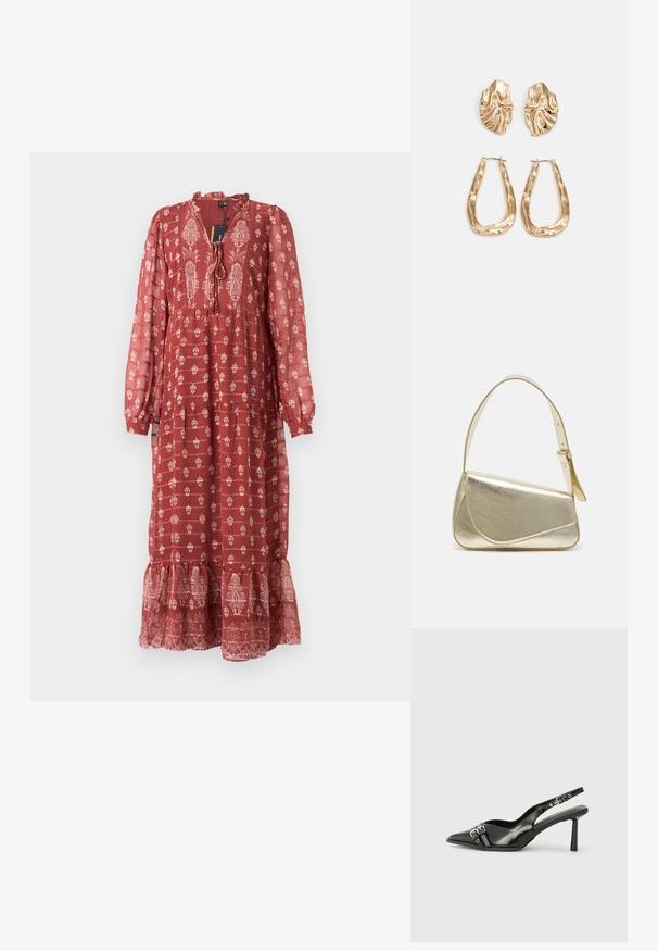 Piros, virágmintás maxi ruha hosszú ujjakkal, fodros szegéllyel, megkötős nyakkal és texturált anyagból készült, ami könnyed megjelenést biztosít.; Fekete lakk bőr, hegyes orrú slingback cipő, boka pántokkal, ezüst csatokkal és hardverelemekkel, valamint karcsú sarkú.; Arany fémes kézi táska, strukturált dizájnnal, sima felülettel és állítható pánttal. Egyedi háromszög alakú, minimalistának mondható varrásokkal rendelkezik.; Aranyszínű fülbevalók, texturált, hullámos formákkal. Tartalmazza a szobrászati klipszes studokat és az open hoop kialakítást, kalapácsos felülettel.