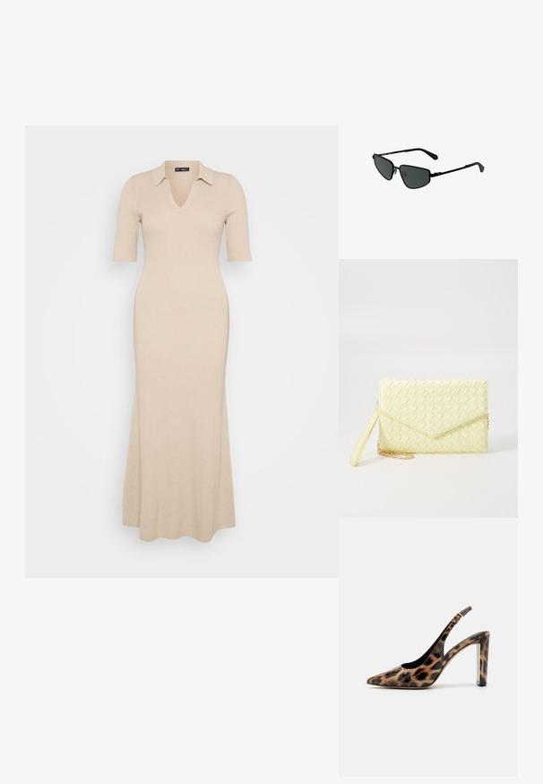 Abito a maglia beige a coste con scollatura a V e maniche corte. Presenta un colletto e una gonna svasata che arriva alla caviglia. Texture liscia su tutta la superficie.; Décolleté con stampa leopardata, dotato di cinturino alla caviglia e tacco a blocco trasparente. Realizzato in materiale lucido con una superficie morbida.; Occhiali da sole in stile black metal con montatura angolare e lenti scure. Presentano aste sottili e dritte e naselli per una vestibilità sicura.; Borsetta a clutch gialla in tessuto intrecciato con design a pattina, tracolla rimovibile e accentuazione in catena dorata. Texture liscia e forma rettangolare.