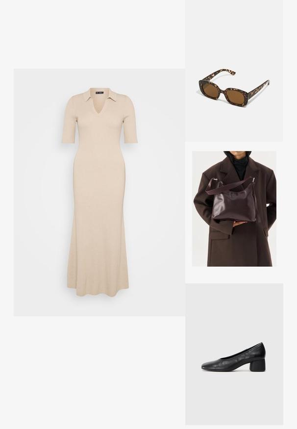 Beige pletené šaty s rib strukturou, V výstřihem a krátkými rukávy. Obsahují límec a rozšířenou sukni sahající po kotníky. Hladký povrch po celé délce.; Černé kožené lodičky s kulatou špičkou a středním blokovým podpatkem. Hladký povrch s minimálním zdobením, s jemným elastickým otvorem.; Sluneční brýle ve skořápce želvy s kulatým, širokým rámem a hnědými čočkami. Mají jemné vzory a rovné, zúžené stranice.; Osoba v tmavě hnědém kabátu držící lesklou tmavě vínovou koženou kabelku s nastavitelným popruhem přes rameno na světlém pozadí.