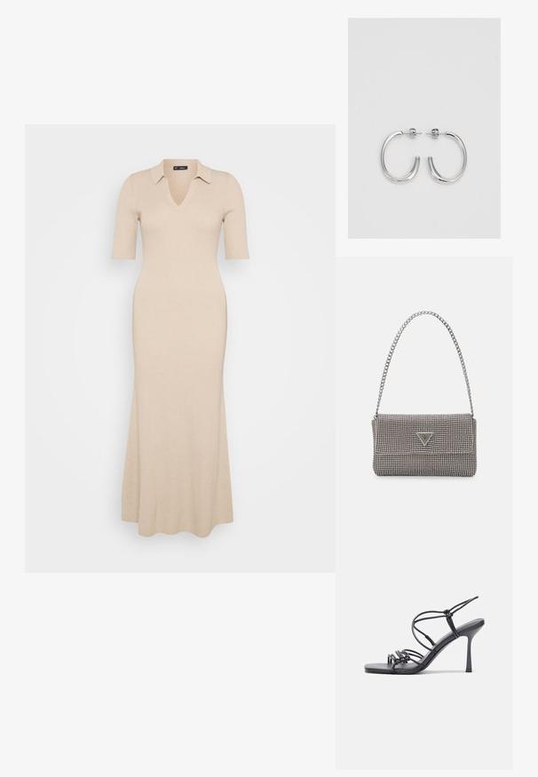 Abito a maglia beige a coste con scollatura a V e maniche corte. Presenta un colletto e una gonna svasata che arriva alla caviglia. Texture liscia su tutta la superficie.; Sandali neri con tacco alto presentano sottili cinturini con design annodato, una punta quadrata liscia e un elegante tacco a spillo.; Borsa a mano metallica grigia chiara con tracolla a catena, impreziosita da piccoli chiodi metallici circolari e da un logo triangolare del marchio.; Orecchini a cerchio in argento con una finitura liscia e lucente. Forma arrotondata, design leggero, con chiusura a perno.