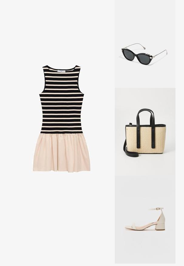 Prúžkované šaty s čiernou a krémovou hornou časťou a krémovou naberanou sukňou. Vyrobené z mäkkej tkaniny s okrúhlym výstrihom a bezrukávovým dizajnom.; Béžové sandále na blokovom podpätku so štvorcovou špičkou. Obsahujú úzky pásik na členku s prackou, hladkú koženku a strednú výšku podpätku.; Čierne mačacie slnečné okuliare so šedými sklíčkami, s kovovým rámom a dekoratívnymi rhinestónmi pozdĺž horného okraja. Minimalistický dizajn s elegantnými líniami.; Tkaná slamená taška s čiernymi koženými rúčkami a akcentmi. Obdĺžnikový tvar, priestranný interiér a odnímateľný ramenný popruh.