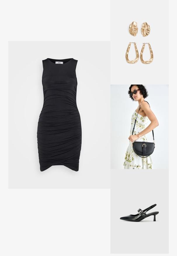 Vestido preto sem mangas feito de tecido elástico, apresentando um design drapeado que se reúne na cintura e uma silhueta ajustada ao corpo.; Saltos slingback em verniz preto com bico pontiagudo e um pequeno salto bloco, apresentando um detalhe de fivela prateada na tira.; Bolsa de couro preta com forma curva, alça destacável e detalhes em dourado. A bolsa possui uma aba com detalhe de fivela.; Brincos em tom de ouro com formas onduladas e texturizadas. Inclui studs escultóricos com presilha e um design de argola aberta com um acabamento martelado.