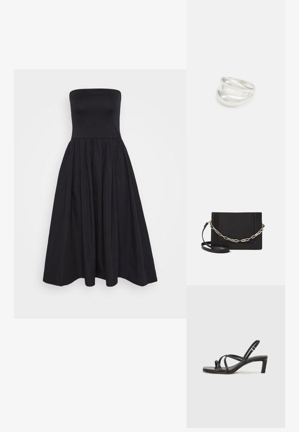 Črna breznaramna obleka iz gladkega blaga, s prilegajočim telesom in ohlapno, nabranim krilom, ki sega do kolen.; Črne natikače s trakovi in kvadratnim prstom ter nizkim blokastim peto. Imajo več tankih trakov in nastavljiv trak okoli gležnja. Narejene so iz gladkega usnja.; Črna usnjena torba čez ramo z gladko teksturo, pravokotno obliko in kovinskim verižnim detajlom spredaj. Vključena je nastavljiva naramnica.; Srebrn dvojni prstan z gladko, polirano površino. Ima tekoč, ukrivljen dizajn z prekrivajočimi se sekcijami za sodoben videz.