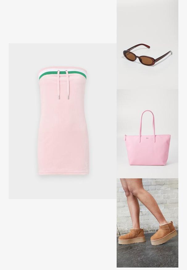 Αμάνικο ροζ φόρεμα με εφαρμοστή σχεδίαση, που διαθέτει πολύχρωμο ριγέ φιλέτο στην κορυφή και κορδόνι με ασημί μεταλλικά στοιχεία.; Καφέ σουέτ μποτάκια μέχρι τον αστράγαλο με πλούσια επένδυση, παχύ μπεζ πλατφόρμα και πίσω λαβή. Υφασμάτινη επιφάνεια με ορατές λεπτομέρειες ραφής.; Στρογγυλά, καφέ-χρωματιστά γυαλιά ηλίου με γυαλιστερή μπορντώ σκελετό. Λεπτά πόδια με διακριτική λεπτομέρεια λογότυπου. Σχεδίαση επίπεδου φακού.; Ροζ τσάντα ώμου κατασκευασμένη από υλικό με υφή, διαθέτοντας δύο μακριές λαβές και ανάγλυφο λογότυπο μπροστά. Κλείσιμο με φερμουάρ στην κορυφή.