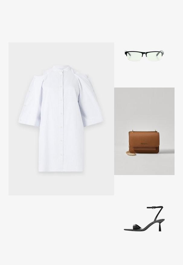 Világoskék, kockás mintájú ingruha gombos zárással, hideg vállú kialakítással és háromnegyedes ujjakkal. Könnyű anyagból készült.; Bershka Magas sarkú szandálok - black; Fekete téglalap alakú szemüveg, tiszta lencsékkel, elegáns fekete kerettel és szürke áttetsző szárakkal. Minimalista dizájn, látható márkajelzés nélkül.; Barna textúrájú bőr keresztbody táska arany lánc pánttal és fedélzárral. Az elején logó részlet és egy zseb található a fedél alatt.