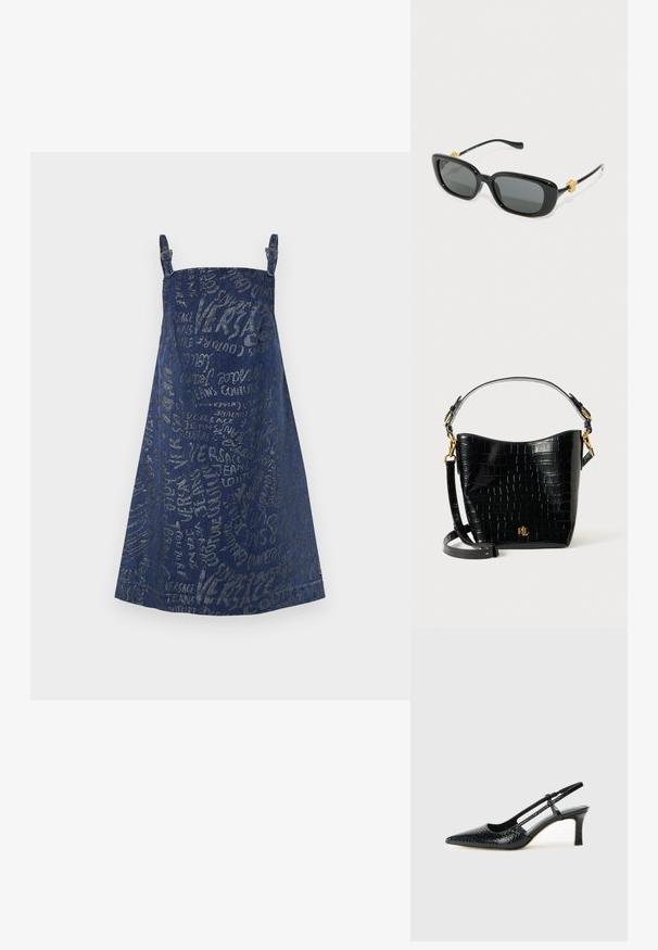 Tamsiai mėlynas džinsinis suknelė su metaliniais sidabriniais tekstiniais raštais, reguliuojamos petnešos, A formos dizainas ir vidutinio ilgio sijonas.; Juodai lakuoti slingback aukštakulniai su smailiu nosiu, su tekstūruotu gyvatės raštu, reguliuojama juosta ir trumpu, tekstūruotu blokiniu kulnu.; Juodų stačiakampių saulės akinių rėmelis su pilkais objektyvais ir auksinėmis liūto galvų detalėmis ant šonų. Glotnaus plastiko rėmelis, elegantiškas dizainas.; Juodas krokodilo rašto odinis krepšys su lenkta forma, auksiniais aksesuarais, reguliuojama juosta ir logotipo detale priekyje.