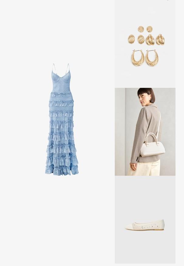 Robe maxi bleu clair avec un corset ajusté, des fines bretelles et des volants en cascade le long de la jupe, présentant des motifs texturés en forme de vagues.; Mocassins à bout pointu en cuir crème avec un dessus transparent ornés de strass dispersés. Semelle douce pour le confort, design minimaliste.; Sac à main structuré blanc avec de courtes poignées et une bandoulière, doté de accents en métal doré et d'un matériau texturé, présenté sur un fond gris.; Ensemble de boucles d'oreilles dorées comprenant trois paires : des clous ovales texturés, des clous au design ondulé et de grandes boucles d'oreilles avec des nervures superposées.