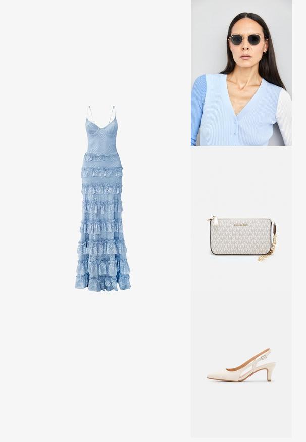 Jasnoniebieska sukienka maxi z dopasowanym koronkowym górą, cienkimi ramiączkami i opadającymi falbanami na spódnicy, z teksturowanymi, falującymi wzorami.; Biała szpilka slingback z ostrym noskiem, gładkim materiałem wierzchnim, niskim obcasem blokowym oraz wycięciami po bokach i regulowanym paskiem z klamrą.; Okrągłe okulary przeciwsłoneczne z ciemnymi soczewkami i złotymi ramkami. Modelka nosi jasnoniebieski kardigan w prążki z guzikami i białymi rękawami w kontrastowym kolorze.; Portfel na nadgarstek marki Michael Kors w beżowej, pokrytej płótnem, z powtarzającym się wzorem logo MK, złotym okuciem i odpinanym łańcuszkowym paskiem.
