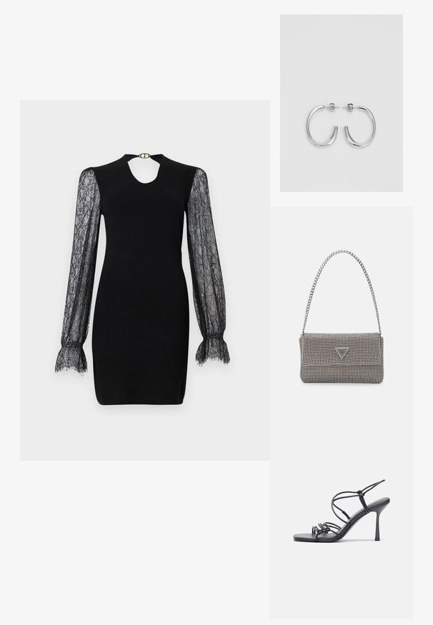 Mustas kleit, millel on sobiv kehaosa, pitsist pikad varrukad ja võtmeaugu kaelus. Flareeritud pitsist mansetid lisavad tekstuuri. Seljaosal on metallist kinniti.; Mustad musta värvi kontsandaalid on varustatud peente rihmadega, millel on sõlmekujundus, siledad ruudukujulised varbad ja stiilne stilettokonts.; Helehall metallik handbags, millel on kett, kaunistatud väikeste ümmarguste metallist õmblustega ja kolmnurkse brändi logoga.; Hõbedased rõngaskõrvarõngad, millel on sile ja läikiv pind. Ümar kuju, kerge disain, millel on post-tagumise kinnituse süsteem.
