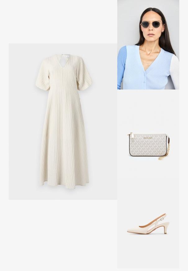 Maksimekko off-white-värissä, jossa on teksturoitu ryppyinen kangas, V-pääntie, leveät lyhyet hihat ja A-linjainen siluetti.; Valkoinen slingback-korkokenkä, jossa on terävä kärki, sileä päällismateriaali, matala lohkokorko ja sivuaukko-design säädettävällä soljella.; Pyöreät aurinkolasit, joissa on tummat linssit ja kultaiset kehykset. Mallilla on päällään vaaleansininen, ribatusta materiaalista valmistettu neuletakki, jossa on napit ja kontrastiväriset valkoiset hihat.; Michael Kors kääröbeige pinnoitettua kangasta, jossa on toistuva MK-logo -kuvio, kultaiset yksityiskohdat ja irrotettava ketjuhihna.