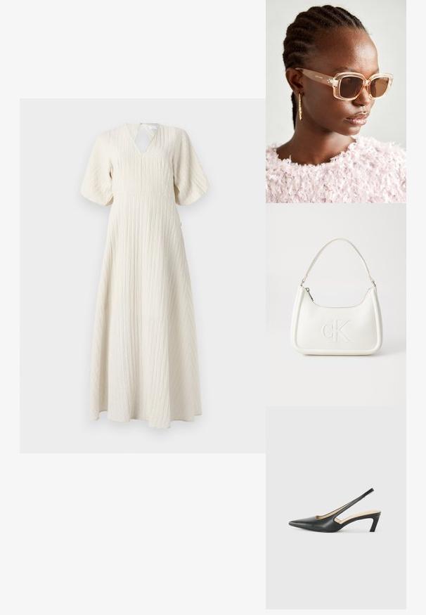 Maxi šaty v off-white, s texturovanou krinklou tkaninou, V-výstřihem, rozšířenými krátkými rukávy a A-liniovou siluetou.; Černý špičatý slingback s nízkým podpatkem, vyrobený z hladké kůže, s výřezem na boku pro lepší prodyšnost.; Béžové oversized sluneční brýle s transparentním rámem a hnědými skleněnými čočkami, které mají jemné květinové detaily a výrazný, geometrický design.; Bílá kožená kabelka s křivkovým tvarem, na přední straně s vyraženým logem "CK" a jediným ramenním popruhem. Zipový uzávěr na vrchu.