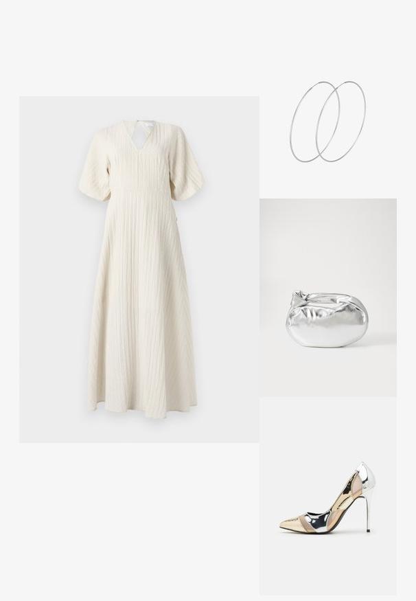 Maksi kleita off-white krāsā, ar rūdīta auduma tekstūru, V veida dekoltē, izplestas īsas piedurknes un A formas siluets.; Apspīlēta augstpapēžu kurpe ar zeltītu, sudrabi un neitrālu krāsu kombināciju. Spīguļojoša virsma ar izgriezuma dizainu, aprīkota ar stiletto papēdi.; Sudraba metāliska poga somiņa ar mīkstu, noapaļotu formu un mezgla augšējo aizdari. Izgatavota no gludas mākslīgās ādas materiāla.; Sudraba gredzenveida auskari ar minimālistisku dizainu. Cirkulāra forma, gluda tekstūra un plāns profils. Vieglu svaru ar spīdīgu apdari.