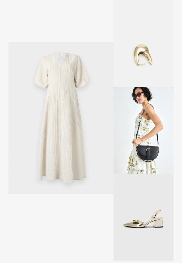 Rochie maxi de culoare albă-crem, realizată dintr-un material texturat, cu decolteu în V, mâneci scurte evazate și o siluetă în formă de A.; Pantofi cu toc slingback metalici aurii, cu vârf ascuțit și toc chunky. Textură netedă, design minimalist și o curea subțire.; Geantă din piele neagră, cu o formă curbată, curea detașabilă și accesorii aurii. Geanta are un capac cu un detaliu tip cataramă.; Cercei din metal de culoare aurie cu un design elegant și curbat. Prezintă o formă distinctivă, ascuțită, o suprafață lustruită și un sistem de închidere cu balama.