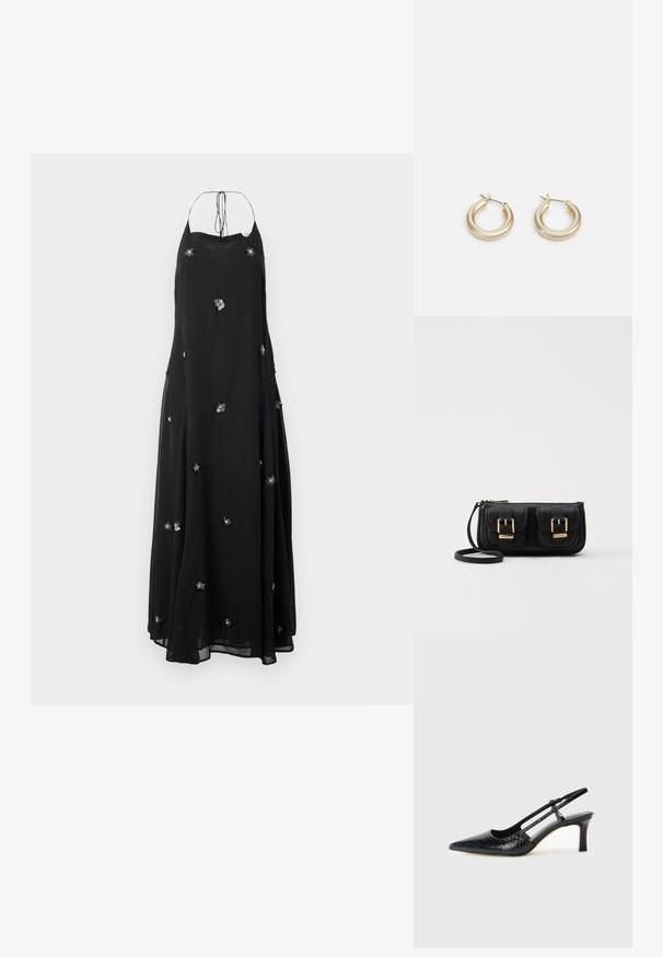 Vestido maxi preto, fluido e feito de um tecido leve. Apresenta embellishments florais e um design de halter com laços ajustáveis.; Salto slingback em patente preta com bico apontado, apresentando um padrão de pele de cobra texturizado, tira ajustável e um salto bloco curto e texturizado.; Bolsa de ombro em couro preto com dois bolsos frontais, fivelas douradas, fecho de zíper e uma alça fina. Superfície texturizada e forma retangular compacta.; Lauren Ralph Lauren BASIC SMALL HOOP - Brincos - gold-coloured