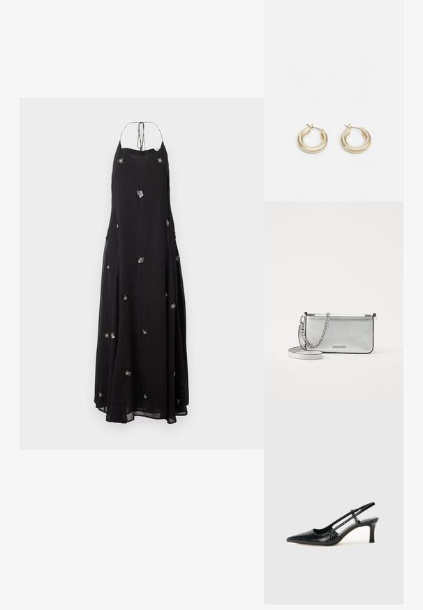Vestido maxi preto, fluido e feito de um tecido leve. Apresenta embellishments florais e um design de halter com laços ajustáveis.; Salto slingback em patente preta com bico apontado, apresentando um padrão de pele de cobra texturizado, tira ajustável e um salto bloco curto e texturizado.; Bolsa crossbody de couro prateada com um acabamento texturizado, detalhes em corrente e alça, e fecho de zíper. Apresenta um logotipo na parte da frente.; Lauren Ralph Lauren BASIC SMALL HOOP - Brincos - gold-coloured
