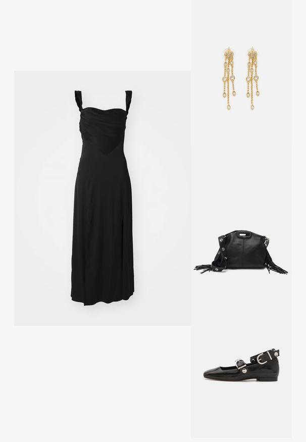 Fekete ujjatlan ruha drapált bodiccal, szív alakú nyakkivágással és oldalsó hasítékkal. Simona anyag, folyó designnal és bővülő szoknyával.; Fekete lakkbőr lapos cipő négyzet alakú orral, ezüst hardware-rel ellátott bokapánttal és lapos talppal. Simaságával és minimalista dizájnjával kiemelkedő.; Maje MISS MINI - Keresztpántos táska - noir; Aranyszínű fülbevalók, több zuhanó lánccal, tiszta ovális strasszköves díszítéssel és dekoratív fülbevaló tetejével.