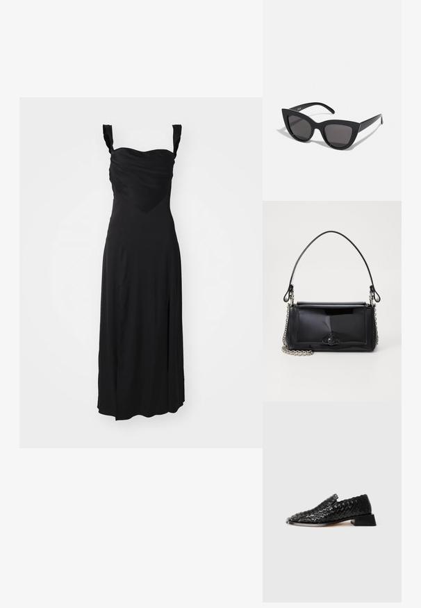 Robe noire sans manches avec un buste drapé, un col en cœur et une fente sur le côté. Tissu lisse avec un design fluide et une jupe évasée.; Chausson en cuir noir tressé à enfiler avec un petit talon carré et des détails festonnés, présenté sur un fond blanc.; Lunettes de soleil noires en forme d'œil de chat avec une finition mate, dotées de verres teintés gris, d'angles aigus et de branches élégantes. Nom de la marque visible sur la branche intérieure.; Sac à main en cuir verni noir de forme rectangulaire, avec une chaîne en bandoulière et un accent matériel distinctif au centre. Texture lisse.; Trois anneaux en argent, de largeur variable, présentent des chiffres gravés de 1 à 23 sur le bandeau extérieur, marqués "Fabriqué en Italie" à l'intérieur.