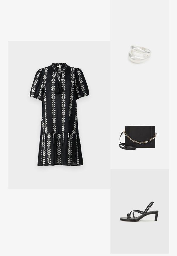 Musta mekko, jossa on valkoisia lehtikuvioita, pyöreä pääntie, lyhyet puffihihat ja kerroksellinen helma. Mekossa on myös tupsuyksityiskohta pääntiessä.; Mustat hihnalligat, joissa on neliön muotoinen kärki ja matala lohkokorko. Ominaisuuksiin kuuluu useita ohuita hihnoja ja säädettävä nilkkahihna. Valmistettu sileästä nahasta.; Musta nahkainen olkalaukku, jossa on sileä pinta, suorakulmainen muoto ja metalliketju yksityiskohtana edessä. Mukana säädettävä hihna.; Hopeinen kaksinkertainen rengas, jossa on sileä, kiillotettu pinta. Siinä on sulava, kaareva muotoilu, jossa on päällekkäisiä osia modernin ilmeen saavuttamiseksi.