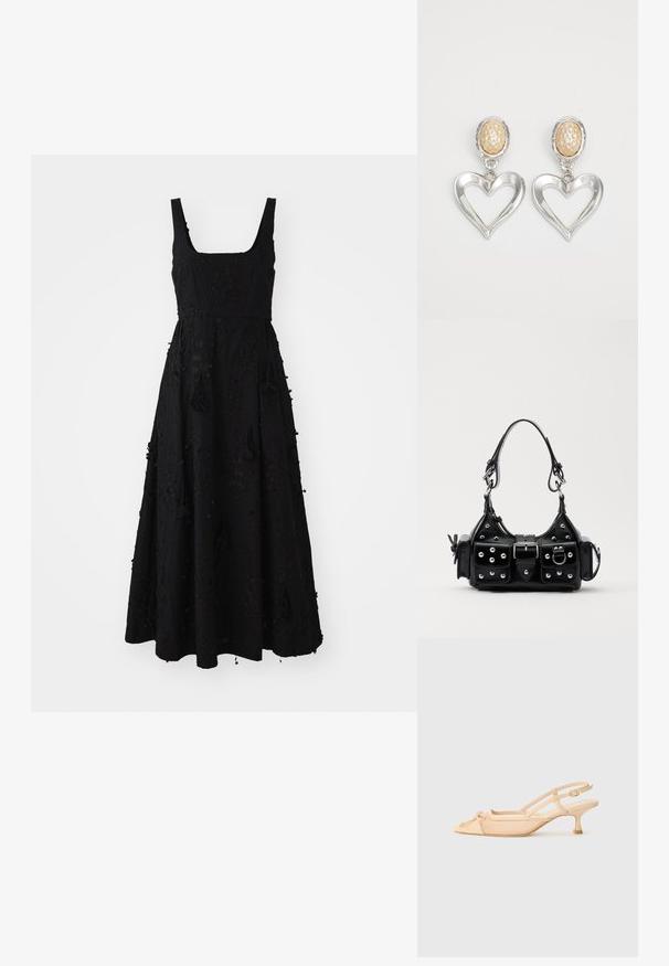 Vestido largo negro con escote cuadrado, tejido texturizado con bordado floral y acentos de borlas en el dobladillo y los lados.; Stuart Weitzman KITTY - Tacones - beige/barely beige; Bolso de mano de cuero negro con un diseño curvado, que cuenta con tachuelas plateadas, una hebilla y dos bolsillos laterales. Correa ajustable para opciones de transporte.; Pendientes en forma de corazón de plata con un acabado brillante. Cada uno presenta un stud ovalado texturizado en beige. Diseño elegante y ligero.