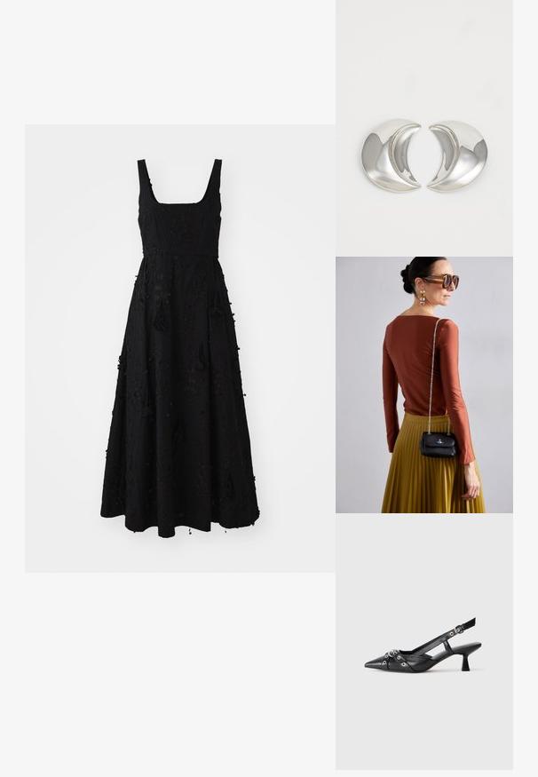 Musta maxi-mekko neliökaula-aukolla, tekstuurikankaan kanssa, jossa on kukka-askartelua ja tupsuakkentteja helman ja sivujen varrella.; Mustat nahkakengät, joissa on avonainen takaosa ja kärjessä terävä muoto, koristevyöt, joissa on metalliset reiät, sekä matala lohkoepohja. Teksturoitu pinta.; Vivienne Westwood SMALL PURSE CHAIN - Olkalaukku - black; Hopeakuu-uurteiset korvakorut, joissa on kiiltävä pinta, sulavat kaaret ja heijastavat pinnat, luoden tyylikkään ja modernin muotoilun.