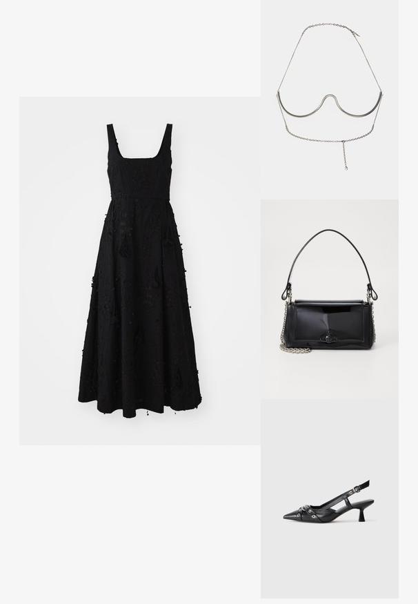 Černé maxi šaty se čtvercovým výstřihem, texturovaná tkanina s květinovou výšivkou a třásněmi na lemu a po stranách.; Černé kožené slingback boty s špičatou špičkou, dekorativními pásky s kovovými očky a nízkým blokovým podpatkem. Texturovaný povrch.; Černá lakovaná kožená kabelka obdélníkového tvaru, řetízkový popruh a výrazné kovové zdobení uprostřed. Hladká textura.; Cult Gaia ASHA BODY JEWELRY - Jiné doplňky - bright shiny silver-coloured