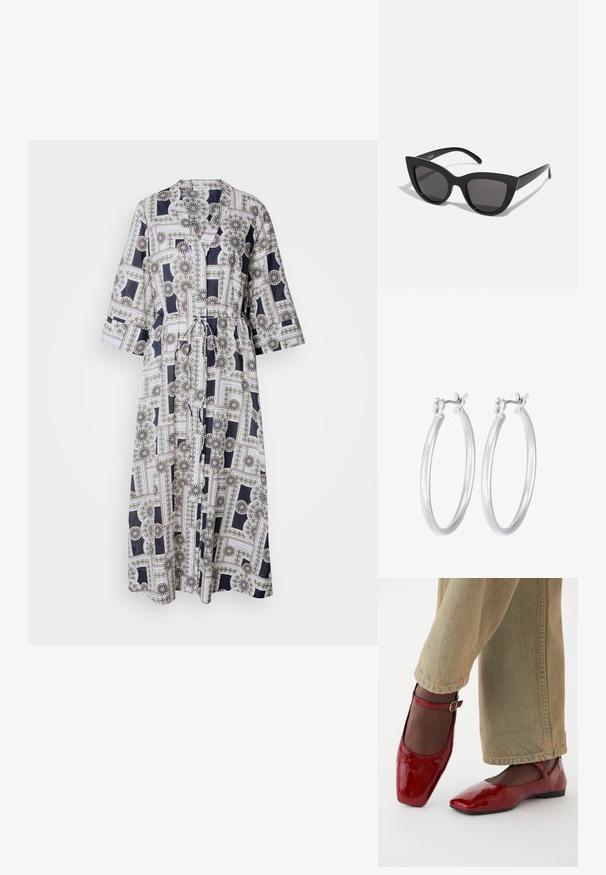 Dolga obleka z pasom, izdelana iz lahkega materiala, z geometrijskim cvetličnim vzorcem v mornarsko modri, beli in zlatih odtenkih. Obleka ima rokave do tri četrtine.; Rdeče lakirane usnjene čevlje s kvadratnim nosom, nizko peto in gležnjarjem, v kombinaciji s svetlo zelenimi širokimi hlačami. Gladka tekstura, odsevna površina.; Črne mačke-oko sončna očala z mat zaključkom, ki imajo sive tonirane leče, ostre kote in eleganten stranski del. Ime blagovne znamke je vidno na notranjem ročaju.; Srebrni obroči za ušesa z gladko, polirano površino. Okrogla oblika in varna zaponka s klikom. Lahka zasnova, primerna za vsakodnevno nošenje.