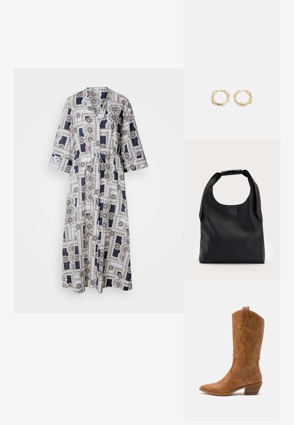 Dlhé šaty s opaskom vyrobené z ľahkého materiálu, s geometrickým kvetinovým vzorom v námořníckej modrej, bielej a zlatých akcentoch. Rukávy do troch štvrtín.; Hnedé kožené kovbojské topánky s špicatou špičkou, vyšívanými vírivkami na štýle a blokovým podpätkom. Obsahuje praktický pútko na ľahké obúvanie.; Čierna kožená hobo taška s jedným mäkkým, zaobleným uchom; má hladkú textúru a minimalistický dizajn. Žiadne viditeľné kovanie ani akcenty.; Zlaté kruhové náušnice s textúrovaným, nepravidelným tvarom. Majú bezšvové uzatváranie a lesklý povrch, čo podčiarkuje moderný dizajn.