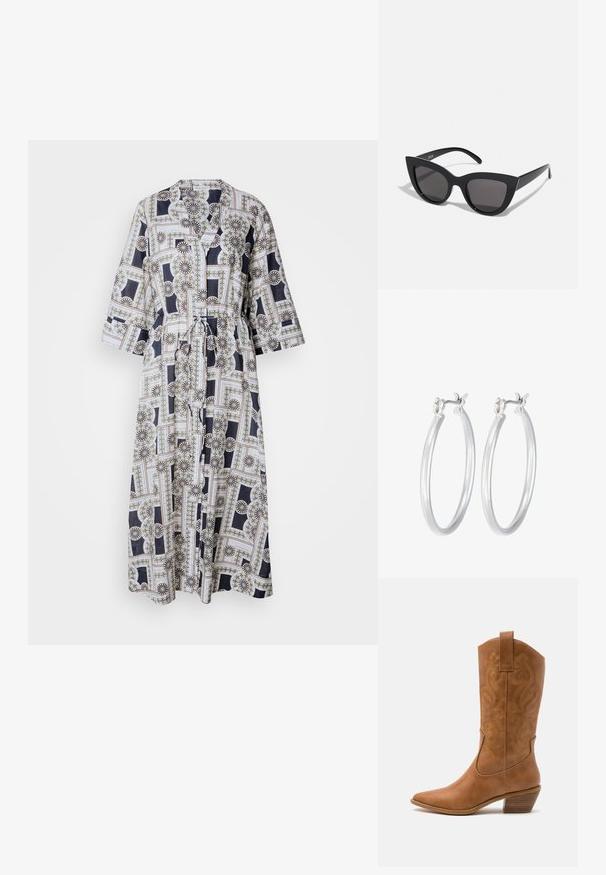 Dolga obleka z pasom, izdelana iz lahkega materiala, z geometrijskim cvetličnim vzorcem v mornarsko modri, beli in zlatih odtenkih. Obleka ima rokave do tri četrtine.; Rjavi usnjeni kauboj čevlji s koničastim nosom, vezenimi vijugastimi vzorci na zgornjem delu in zloženim kvadratnim peto. Imajo zanko za enostavno obuvanje.; Črne mačke-oko sončna očala z mat zaključkom, ki imajo sive tonirane leče, ostre kote in eleganten stranski del. Ime blagovne znamke je vidno na notranjem ročaju.; Srebrni obroči za ušesa z gladko, polirano površino. Okrogla oblika in varna zaponka s klikom. Lahka zasnova, primerna za vsakodnevno nošenje.