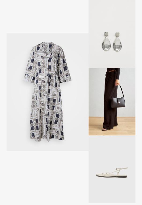 Hosszú, övvel ellátott ruha, amely könnyű anyagból készült, geometrikus virágmintával, navy, fehér és arany kiegészítőkkel. Háromnegyedes ujjú.; Beige lapos szandál, amelyet több vékony pánt díszít, és állítható csattal rendelkezik. A talpa lapos, az élein enyhe sötét kontraszttal.; Fekete kézi táska strukturált formával, sima textúrával és fémből készült záródással. Széles fekete nadrággal és nyitott orrú szandállal párosítva, fából készült padlón.; Ezüst csepp fülbevalók négyzet alakú fülbevalóval, sima, fényes felülettel és csepp formával, amely fényt tükröz egy fényes felületen.