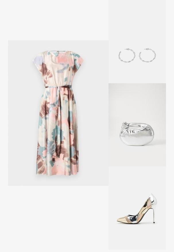 Maxi dress with short cap sleeves, floral patterns in pink, blue, and brown on cream fabric, featuring an elastic waistband and matching belt.; Pointed-toe high heel shoe with a silver, gold, and nude color scheme. Glossy finish with cutout design, featuring a stiletto heel.; Silver metallic pouch bag with a soft, rounded shape and a knotted top closure. Made from smooth faux leather material.; Silver hoop earrings with a twisted design, featuring a polished finish and post-back closure. Measure approximately 3 cm in diameter.