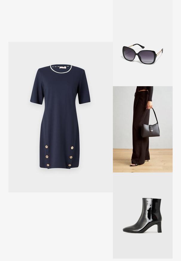 Tumši zila kleita ar īsām piedurknēm, apaļu kakla izgriezumu un dekoratīvām zelta pogām sānos. Izgatavota no gludas, elastīgas auduma.; Melnas patentētas ādas potīšu zābaki ar norādītu pirkstu un vidēja augstuma kvadrātveida papēdi. Gluda tekstūra un minimālisma dizains.; Melni pārmērīgi lieli saulesbrilles ar gradāciju lēcām, biezām rāmja malām un zeltainas krāsas ķēžu detaļām uz tempļiem.; Melnā somiņa ar strukturētu formu, gludu tekstūru un metālu sprādzi. Saskaņota ar platām melnām biksēm un sandālēm ar atvērtu purngalu uz koka grīdas.