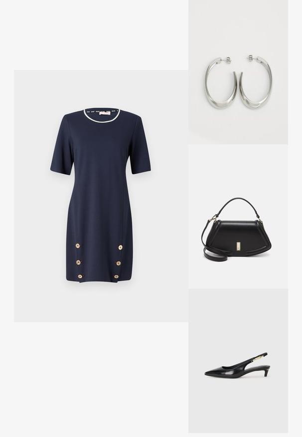 Tumedat sinine kleit lühikeste varrukatega, ümarate kaelustega ja dekoratiivsete kuldsete nööpidega külgedel. Valmistatud siledast, venivast kangast.; Mustad nahast slingback kontsad terava ninaga, millel on õhuke konts ja kuldse tooni aktsent reguleeritaval rihmal. Sile tekstuur.; Must mustrist käekott, millel on struktureeritud disain, lühendatud kuju, ülemine käepide ja kuldne metallist detail. Reguleeritav õlalihm on kaasas.; Hõbe rõngas kõrvarõngad, millel on sujuv ja kõver kuju. Omab läikivat metallist viimistlust ja nupuga sulgemist. Pole nähtavaid mustreid ega aksessuaare.