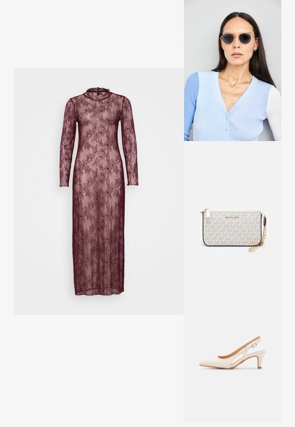 Rochie lungă din dantelă burgundă, cu mâneci lungi, guler înalt și motive florale. Material transparent cu o siluetă care se mulează pe corp.; Sandaie cu toc alb, cu vârful ascuțit, material superior neted, toc mic tip bloc și design cu decupaj lateral, cu curea ajustabilă.; Ochelari de soare rotunzi cu lentile întunecate și rame aurii. Modelul poartă un cardigan ribbed de culoare albastru deschis cu nasturi și mâneci albe în contrast.; Clutch Michael Kors din canva acoperit bej, cu un model repetitiv al logo-ului MK, accesorii din aur și o curea cu lanț detașabil.