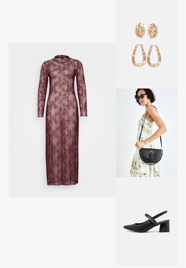 Dolga burgundska čipkasta obleka z dolgimi rokavi, visokim ovratnikom in cvetličnimi motivi. Prosojen material z oprijetim silhuetom.; Črne patentne usnjene salonarce s slingback obliko, s koničastim nosom, zaobljenim izrezom in blok peto. Imajo zlato kovinsko zaponko kot dodatno okrasje.; Črna usnjena torbica s ukrivljeno obliko, z odstranljivo naramnico in zlatimi dodatki. Torbica ima pokrov s podrobnostmi v obliki zaponke.; Zlato obarvani uhani z teksturiranimi, valovitimi oblikami. Vključujejo skulpturalne sponke za ušesa in odprto obliko obročka s kladivastim finišem.