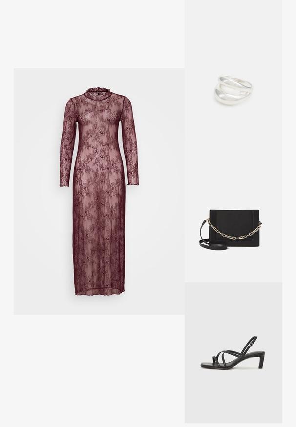 Ilga bordo spalvos nėriniuota suknelė su ilgomis rankovėmis, aukštu kaklu ir gėlių raštais. Permeama medžiaga su prigludusia siluetu.; Juodi šlepetės su kvadratiniu pirštu ir žemu bloku kulnu. Yra keli ploni dirželiai ir reguliuojamas kulkšnies diržas. Pagaminti iš lygios odos.; Juodas odinis per petį nešiojamas krepšys turi lygų paviršių, stačiakampio formą ir metalinę grandinėlę priekyje. Pridedama reguliuojama dirželis.; Sidabrinis dvigubas žiedas su lygiu, poliruotu paviršiumi. Pasižymi sklandžiu, kreiptu dizainu su persipinančiomis dalimis, suteikiančiomis modernų išvaizdą.