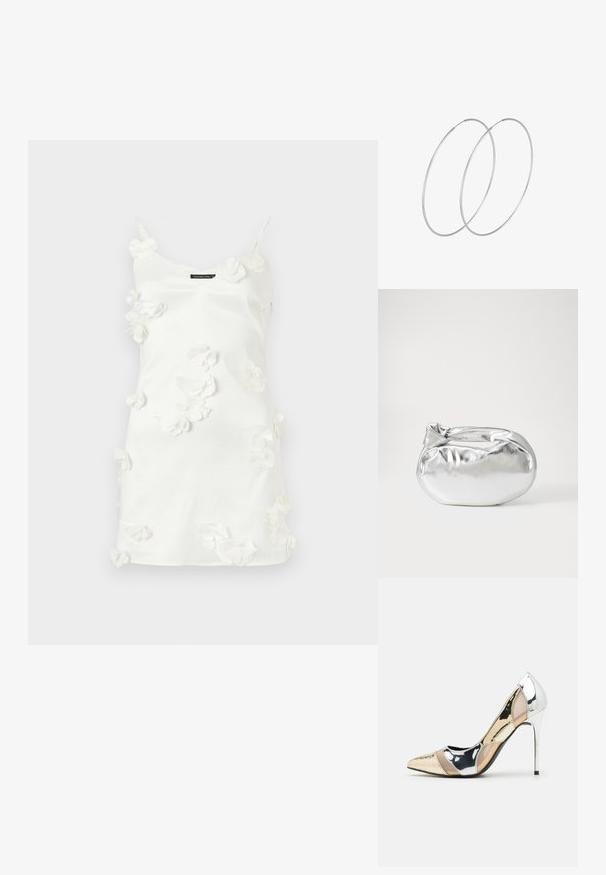Bela obleka iz mehkega materiala, ki ima tridimenzionalne cvetlične aplikacije razpršene po sprednjem delu, z tankimi naramnicami.; Čevlji z visoko peto in konico, v barvni kombinaciji srebrne, zlate in nude. Sijajna obdelava z izrezljanim dizajnom, z igličasto peto.; Srebrna kovinska torbica z mehko, zaobljeno obliko in zavezano zgornjo zaporo. Narejena iz gladkega umetnega usnja.; Srebrne uhane v obliki obroča z minimalističnim dizajnom. Krožna oblika, gladka tekstura in tanek profil. Lahki s poliranim zaključkom.