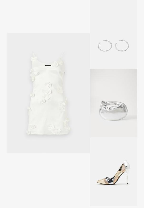 Abito bianco realizzato in tessuto morbido, con applicazioni floreali tridimensionali sparse sul davanti e sottili spalline.; Scarpa con tacco alto a punta, con una combinazione di colori argento, oro e nudo. Finitura lucida con design a ritaglio, con tacco a stiletto.; Borsa a pochette metallica argentea con una forma morbida e arrotondata e chiusura superiore annodata. Realizzata in materiale sintetico morbido.; Orecchini a cerchio in argento con un design torciglionato, caratterizzati da una finitura lucida e chiusura a perno. Misurano circa 3 cm di diametro.