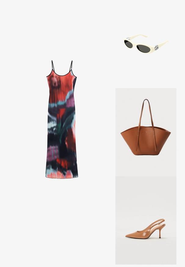 Šaty na ramínka se splývavým střihem v živých červených, černých a tyrkysových abstraktních vzorech. Lehká tkanina s jemným leskem.; Sandy poprsko s úzkým podpatkem v hladkém, lesklém odstínu tan. Obsahuje zakřivený design s výřezem a štíhlý jehlový podpatek. Detail se stříbrnou sponou.; Námořnické sluneční brýle krémové barvy s oválnými skly, černým zabarvením a kovovými logovými akcenty na spáncích. Hladký povrch, design ve stylu kočičích očí.; Hnědá kožená taška přes rameno s širokým, strukturovaným tvarem, tenkými ušima a texturovaným povrchem. Disponuje minimalistickým designem bez viditelného kovového hardwaru.