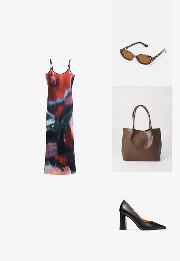 Šaty na ramínka se splývavým střihem v živých červených, černých a tyrkysových abstraktních vzorech. Lehká tkanina s jemným leskem.; Kazar BLUEBELL - Lodičky na vysokém podpatku - black; Sluneční brýle s želvovinovým vzorem a oválnými skly, hnědě tónovanými, tenké nožičky s texturovaným vzorem, lehký plastový rám.; Hnědá kožená taška přes rameno s dvěma dlouhými uchy, strukturovaný tvar, hladký povrch a minimalistický design. Žádné viditelné kování ani akcenty.