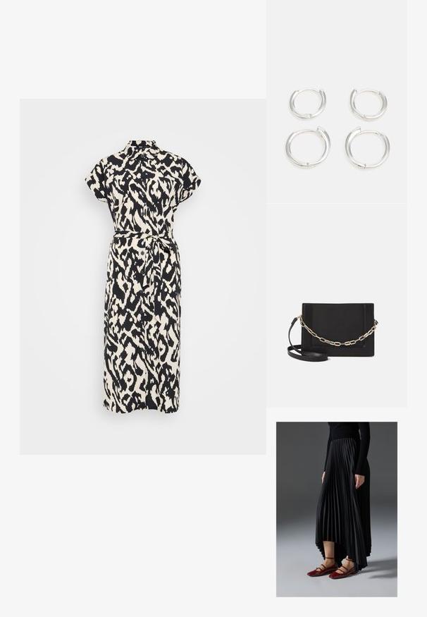 Juoda ir kreminė raštuota mygtukų suknelė su trumpomis rankovėmis, apykaklės iškirpte ir diržu ties juosmeniu. Lygus audinio paviršius.; Juoda plisuota sijonas su aukštesniu priekiniu kraštu, derinamas su blizgiomis raudonomis plokščiomis bateliais, turinčiais dirželio dizainą. Medžiaga yra glotni.; Juodas odinis per petį nešiojamas krepšys turi lygų paviršių, stačiakampio formą ir metalinę grandinėlę priekyje. Pridedama reguliuojama dirželis.; Sidabriniai auskarai žiedai, turintys lygaus, blizgaus paviršiaus. Du poros, su šiek tiek skirtingais dydžiais. Paprastas, apvalus dizainas, lengvi.