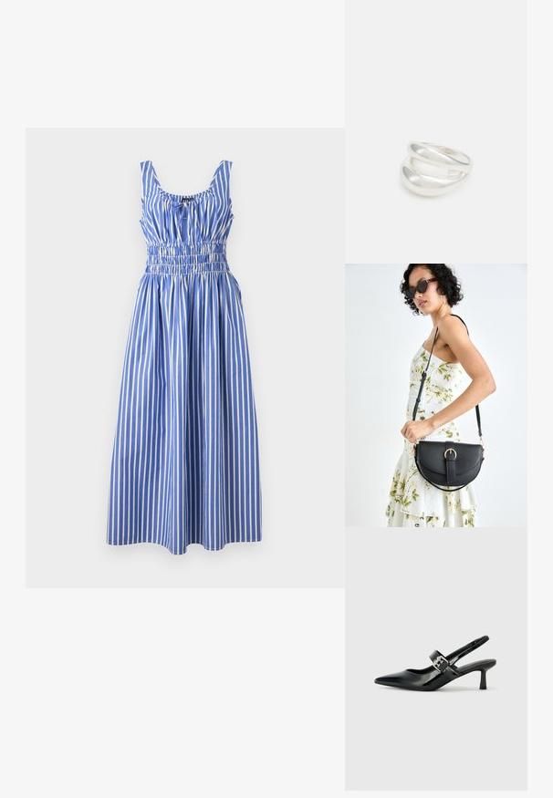 Plava i bijela prugasta haljina s naboranim strukom, okruglim izrezom i širokim naramenicama, izrađena od laganog materijala. Teksturirane vertikalne pruge.; Crne lakirane slingback potpetice s oštrim prstom i malom blok petom, s naglaskom na srebrnoj kopči na remenu.; Crna kožna torba s lukovitim oblikom, odvojivim remenom i zlatnim detaljima. Torba ima preklop s kopčom.; Srebrna dvostruka prsten s glatkom, poliranom površinom. Karakterizira ga fluidan, zakrivljen dizajn s preklapajućim sekcijama za moderan izgled.