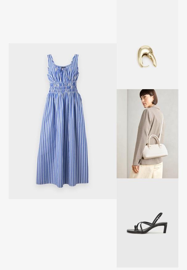 Modra in bela črtasta obleka z gubanjem v pasu, krojenim izrezom in širokimi naramnicami, izdelana iz lahkega materiala. Teksturirane navpične črte.; Črne natikače s trakovi in kvadratnim prstom ter nizkim blokastim peto. Imajo več tankih trakov in nastavljiv trak okoli gležnja. Narejene so iz gladkega usnja.; Bela strukturirana torba z kratkimi ročaji in naramnim trakom, z zlatimi okrasnimi elementi in teksturiranim materialom, prikazana na sivi podlagi.; Uhane nakit iz zlatastega tona z gladko, ukrivljeno zasnovo. Ima edinstveno koničasto obliko, polirano površino in zaponko s tečajem.