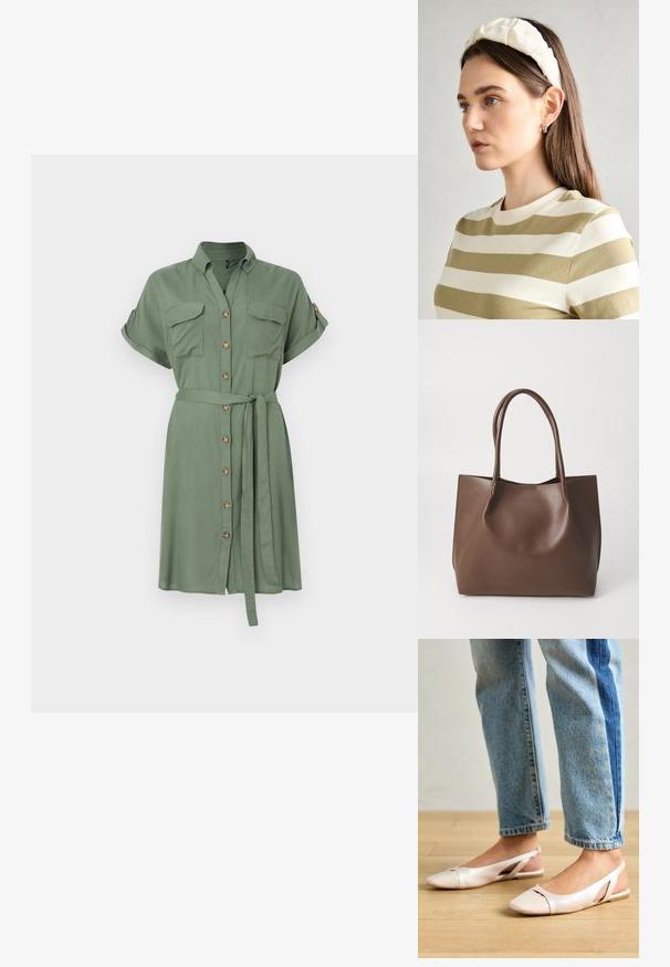 Vestido de camisa verde oliva em tecido leve, apresentando mangas curtas, dois bolsos no peito e uma cintura amarrada com fechamento frontal por botões.; Sapatilhas slingback de cor rosa pálido com bico fino, feitas de um material semelhante a couro liso. Apresentam detalhes recortados nas laterais e um salto plano.; Bolsa tote de couro castanho com duas alças longas, forma estruturada, textura suave e design minimalista. Sem hardware ou acentos visíveis.; Fita de cabelo almofadada em creme com design torcido, acompanhada de uma camisa às riscas bege e branca com escote redondo. Acentos discretos em joias.