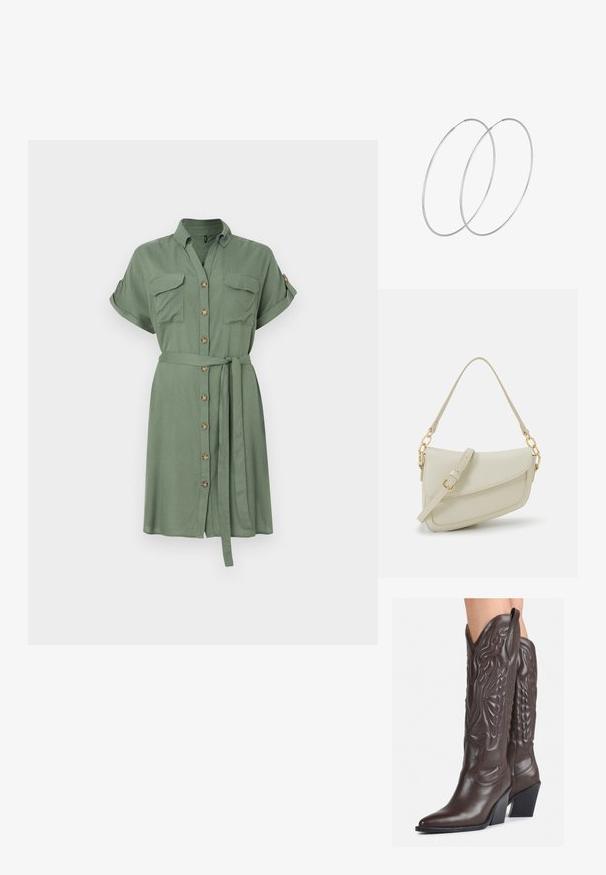 Šaty olivovej zelenej farby vyrobené z ľahkej látky, s krátkymi rukávmi, dvoma náprsníkovými vreckami a viazaným pásom so zapínaním na prednej strane.; Hnedé kožené kovbojské topánky s špicatou špičkou a blokovým podrážkou, so zložitým prešívaním a vyvýšenými akcentmi na puzdre.; Malá krémová kabelka s textúrovaným povrchom, dlhým nastaviteľným popruhom, reťazovým detailom a klopovým uzáverom. Zlaté kovové prvky.; Strieborné kruhové náušnice s minimalistickým dizajnom. Cirkulárny tvar, hladký povrch a tenký profil. Ľahké s lesklým povrchom.